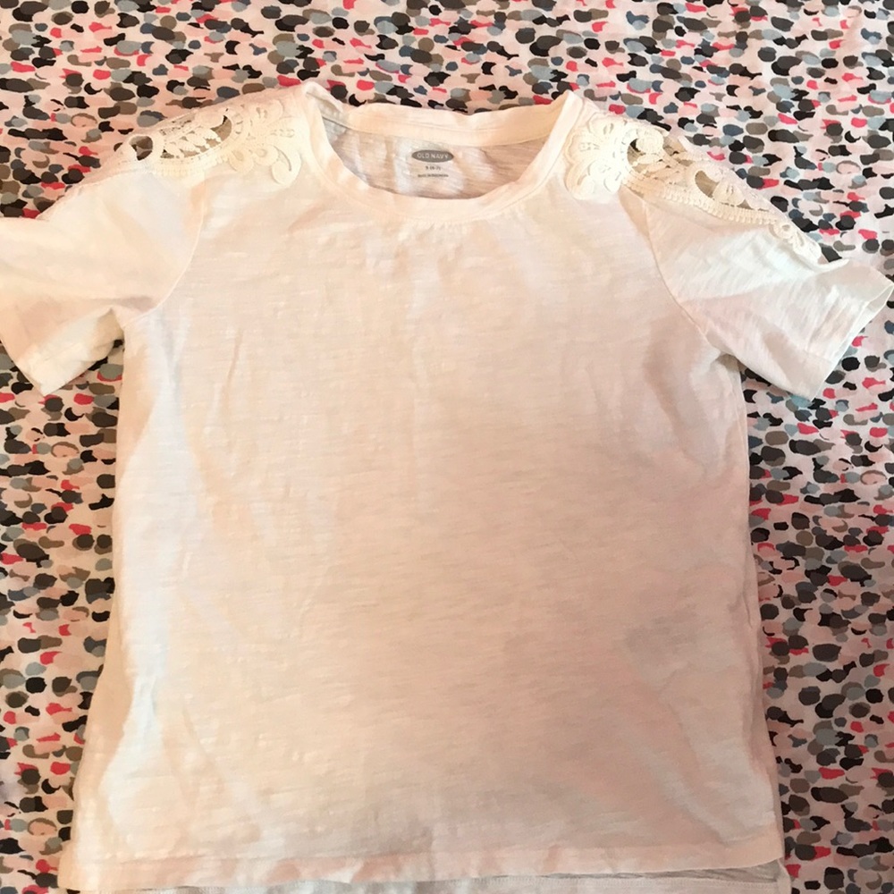 White tee shirt with lace on shoulder